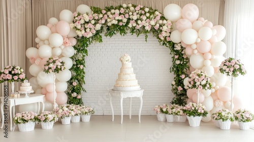 Delightful wedding dessert area featuring a tiered cake surrounded by elegant floral arrangements and soft balloon decorations in a light-filled venue