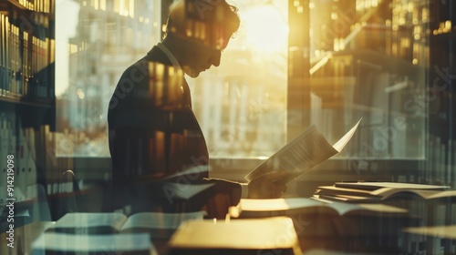 A businessman working at a desk by a window with sunlight streaming in. He is focused on his work.