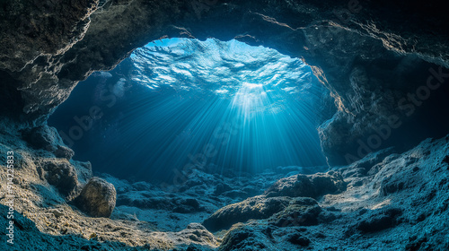 Sunlight filtering through underwater cave in a tranquil ocean setting