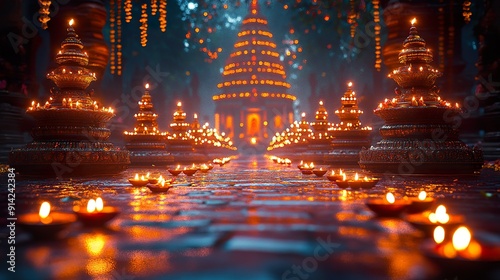 A detailed shot of an Indian temple illuminated with diyas and lights for Diwali