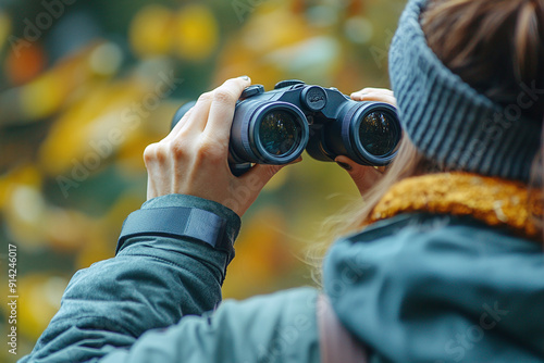 A person birdwatching with binoculars in a park.