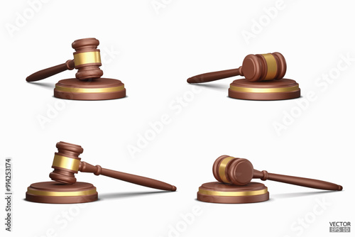 Realistic wooden judge hammer isolated on a white background. Judge's gavel hammer for adjudication. 3D Vector illustration