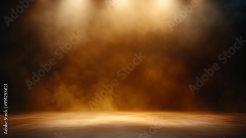 A dramatic background featuring a warm, smoky atmosphere illuminated by soft spotlights, creating an ideal setting for product display or theatrical presentations.