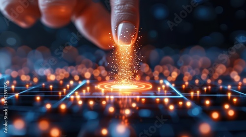 A close-up of a fingertip hovering over a digital screen, emitting sparkling light particles, symbolizing technology and innovation.