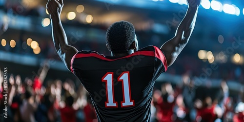 african american fan cheering in stadium, blank black football jersey, red trim, white number "11" 