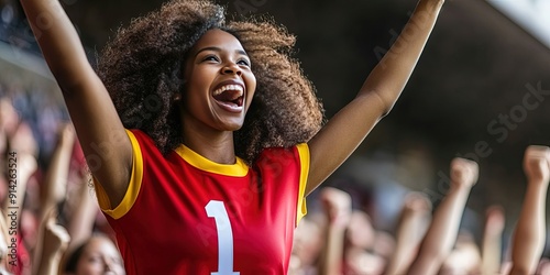 african american female fan cheering in stadium, blank red football jersey, yellow trim, white number "1" -