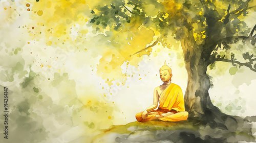 Watercolor painting of Buddha meditating under a tree.