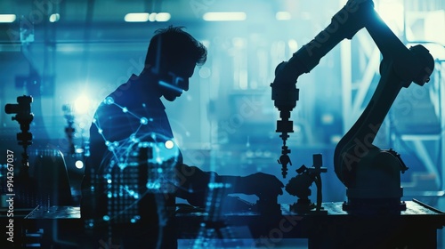 A worker monitors a robotic arm in a futuristic factory setting, showcasing the intersection of technology and human labor.