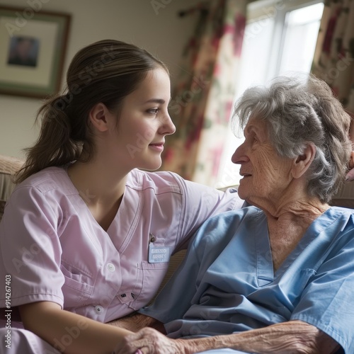 A young caregiver provides compassionate care and companionship to an elderly woman in a home setting.