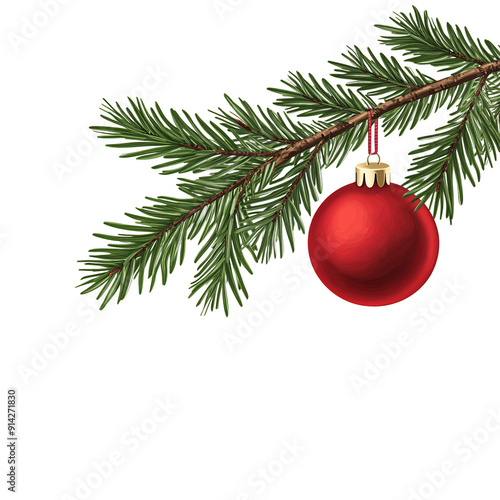 Christmas tree branch with red ball isolated on transparent background, png