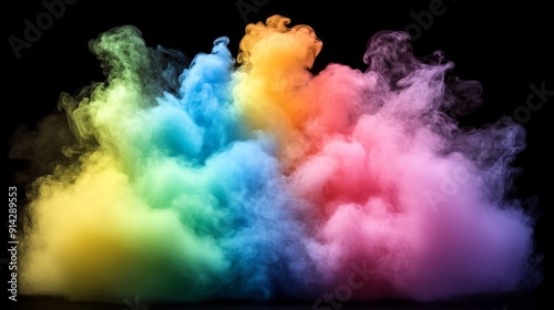 Abstract Rainbow Smoke Cloud A vibrant digital art depicting a colorful smoke cloud in a rainbow pattern, showcasing the hues of yellow, green, blue, and pink, against a black background. rainbow smok