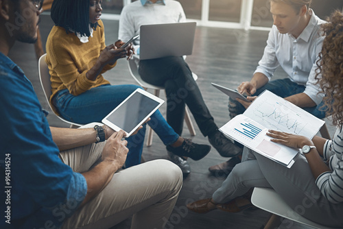 Business people, diversity and tablet screen for team building, connection and meeting in office. Group, data analysis and tech for report, project or support with collaboration, creativity or career