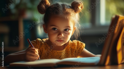 Young Child Diligently Writing in Notebook While Sitting at Desk in a Sunlit Room