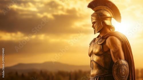 Fearless Ancient Greek Warrior in Gleaming Polished Armor with Radiant Sunlit Background