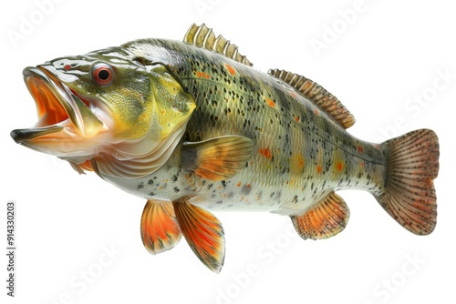 A large fish with orange fins and a mouth open