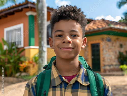 A young boy with a backpack is smiling and looking at the camera