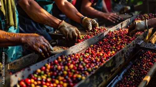 Workers sort coffee beans on a conveyor belt in a processing plant.