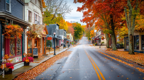 Autumn leaves blanket the quiet street of a charming small town in October