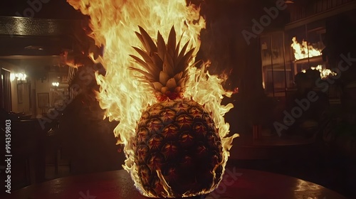 Pineapple on Fire in a Dark Room A whole pineapple is set ablaze in a dimly lit room. The flames engulf the pineapple, creating a striking visual effect. Copy space is available on the left 