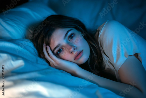 Young woman laying in bed suffering from insomnia.