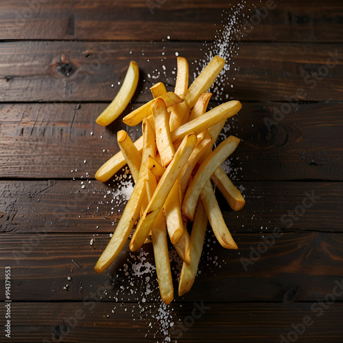 Flying hot and crispy french fries with salt sprinkle. French Fries on defrant defrant view Wooden Table and Adding Salt. Ai generative