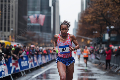 Determined Female Runner in Marathon 