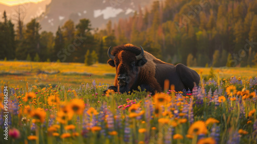 A image of a bison laying in a field of wildflowers․