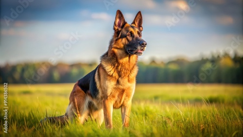 German shepherd dog standing in grass field and looking alert, german shepherd, dog, pet, animal, breed, canine