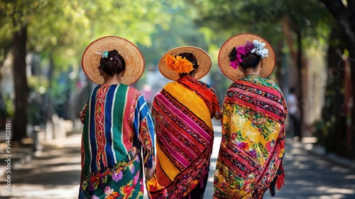 Mexican women wearing sombrero and poncho