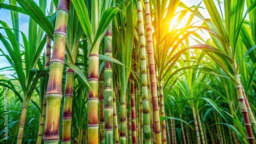 Close up image of sugarcane plant with vibrant green leaves and tall stalks, sugarcane, close up, plant, agriculture, crop, green