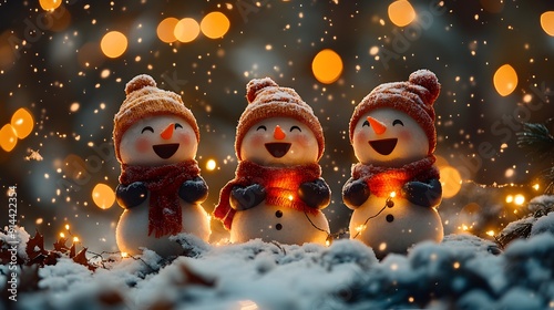 Joyful Christmas Eve caroling with animated characters singing in the snow with festive lights and decorations