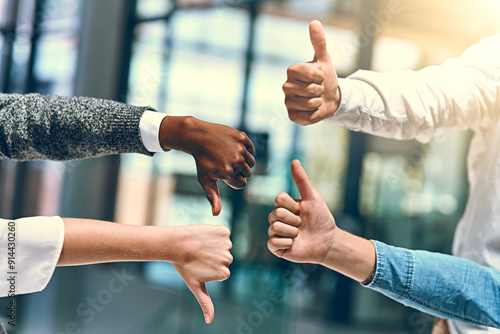 Hands, rejection and business people with thumbs down for vote, decision and choice for corporate project. Office, teamwork and managers with reaction gesture for yes, no and disagreement by flare