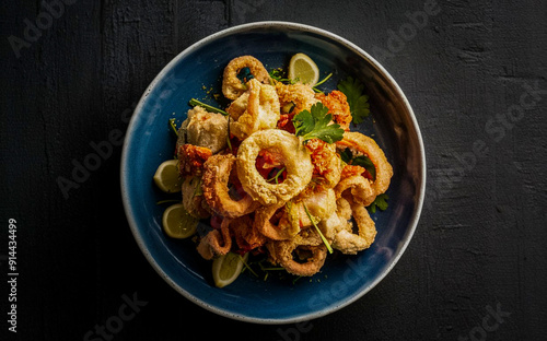 Deep-fried squid in a plate against a black background. View from above