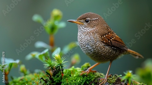 Closeup image of Eurasian Wren Troglodytes troglodyte one of smallest bird Europe perched mossy branch diminutive size curious expression captured stunning detail Keywords Eurasian Wren small bird