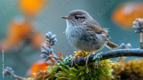 Closeup image of Eurasian Wren Troglodytes troglodyte one of smallest bird Europe perched mossy branch diminutive size curious expression captured stunning detail Keywords Eurasian Wren small bird