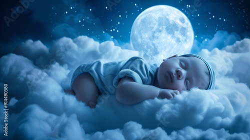 A baby peacefully sleeps on soft clouds under a full moon in a starry night, creating a serene scene