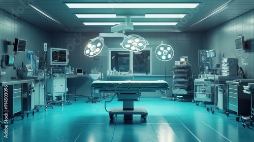 A sterile, empty surgical operating room with medical equipment and supplies prepared for a procedure