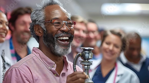 Joyful moment of celebration patient rings bell mark end of their cancer treatment surrounded supportive healthcare professionals loved ones Keywords cancer treatment bell ringing celebration support