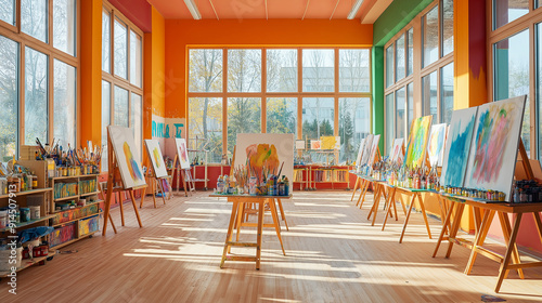 Bright Art Studio Interior with Easels and Colorful Paintings Bathed in Natural Light