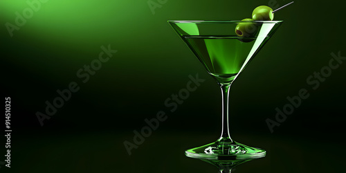 Martini glass with a green olive