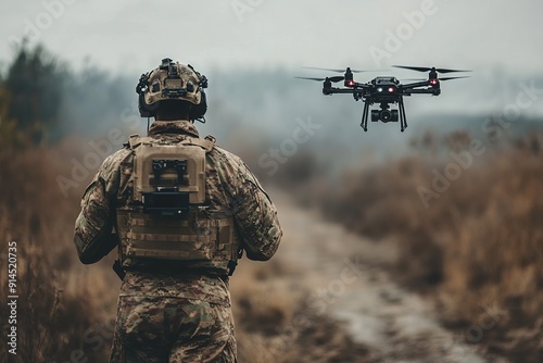 Soldier operating drone in combat zone