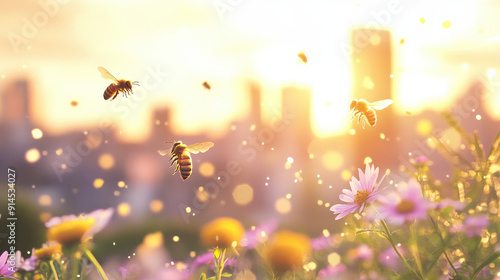 The image captures bees alight among vibrant flowers, showcasing the tranquil interaction between nature and a glowing sunset over a city's horizon.