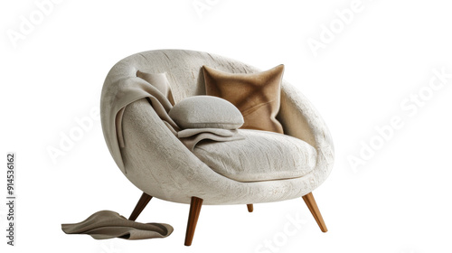 Beige single armchair with round pillow and blanket on transparent background