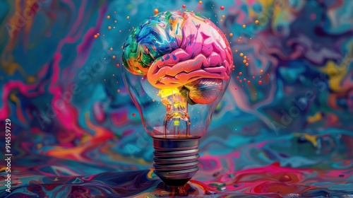 A whimsical portrayal of a joyful brain in a bulb, surrounded by vivid colors that convey the essence of creative inspiration.