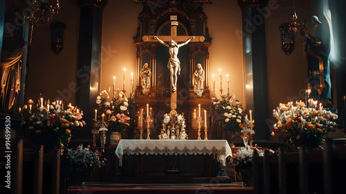 Christian altar with candles, flowers, and carved crucifix in softly lit church