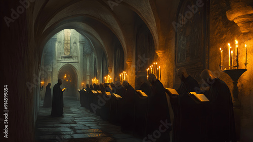 Gregorian monks chanting in monastery with candles glowing on stone walls