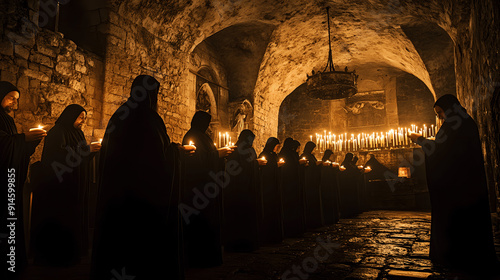 Gregorian monks chanting in monastery with candles glowing on stone walls