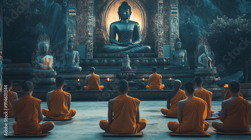 Tranquil Buddhist meditation hall with monks and laypeople in silent meditation