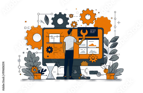 IT administrator with software upgrade process on a laptop. Digital system device administration, network upkeeping, computer systems configuration concept design