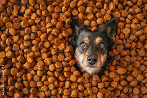 Top view of a dog on a pile of dry food with a humorous touch, showcasing its crunchy texture and natural ingredients for a healthy snack